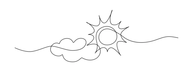 Cercles muraux Une ligne Sun continuous one line drawing and cloud. Sun contour sign. Single line sketch sunny summer travel concept.