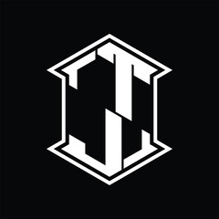 TJ Logo monogram hexagon shield shape up and down with sharp corner isolated style design