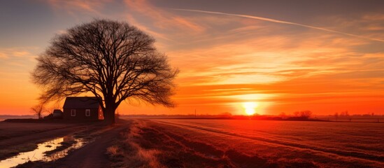 Sunset silhouette of tree on Martham Norfolk UK farmland. Beautiful twilight with orange sun setting behind distant farm house. Norfolk broads vacation spot. - obrazy, fototapety, plakaty