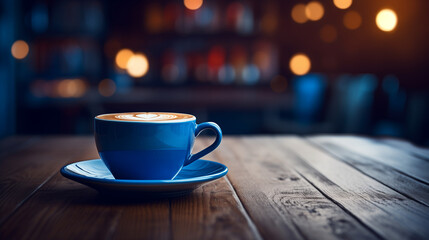 Coffee in blue cup on wooden table in cafe with lighting background. Cappuccino on table in a cafe
