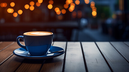 Obraz premium Coffee in blue cup on wooden table in cafe with lighting background. Cappuccino on table in a cafe