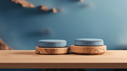 The Denim Blue background with a wooden podium. On top of the wooden podium, two small podiums add a minimal touch to the product display