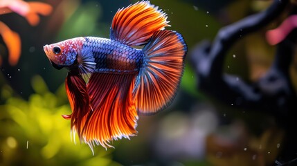 Obraz premium A stunning red Betta fish displays a vibrant and colorful tail against a natural background