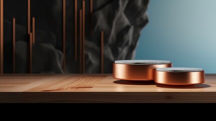 The Bronze background with a wooden podium. On top of the wooden podium, two small podiums add a minimal touch to the product display