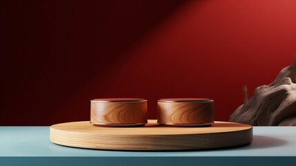 The Burgundy background with a wooden podium. On top of the wooden podium, two small podiums add a minimal touch to the product display