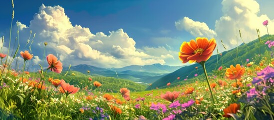 Fototapeta premium The vibrant flowers are blooming in a beautiful, green setting with an open sky and sun.