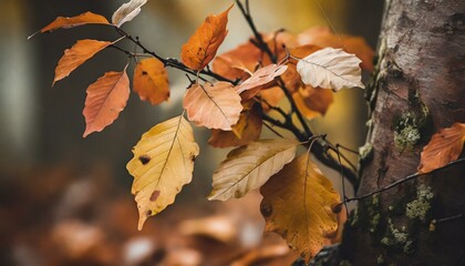 a visually stunning depiction of autumn leaves gracefully falling from a tree. Embrace warm, earthy tones to convey the seasonal beauty, capturing the essence of nature's transition. 