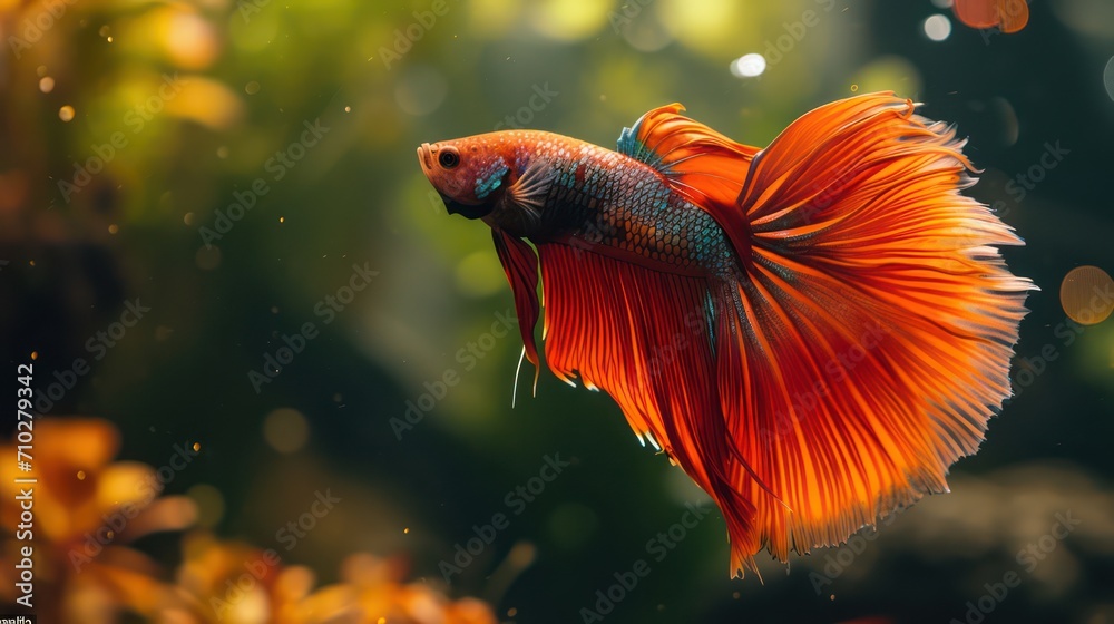 Wall mural A stunning red Betta fish displays a vibrant and colorful tail against a natural background