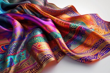 bright colors like reds and blues dominate the fabric&rsquo;s surface