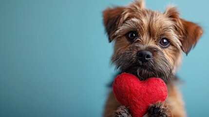 Cute lover Valentine puppy dog lying with a red heart, isolated on blue background - obrazy, fototapety, plakaty
