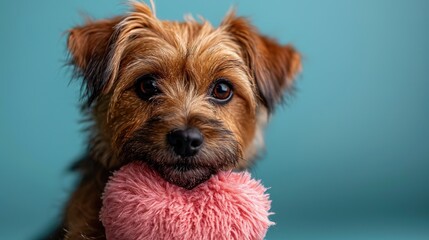 Cute lover Valentine puppy dog lying with a red heart, isolated on blue background