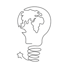 Continuous One line Earth globe inside lightbulb and earth hour outline vector art illustration