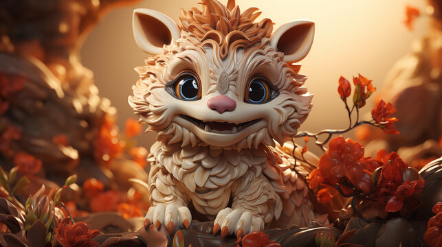 A baby lion model is posting, a baby cartoon like lion figure. Focus on the lion figure and blurred background. The lion symbols of strength, courage and justice