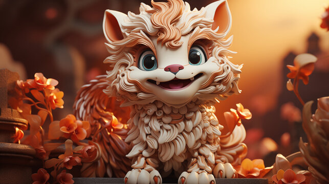 A baby lion model is standing, a baby cartoon like lion figure. Focus on the lion figure and blurred background. The lion symbols of strength, courage and justice