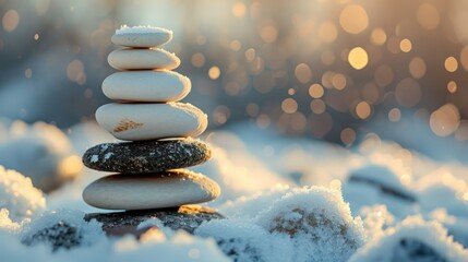 Obraz premium Winter outdoor background featuring a stack of pebbles or stones, offering room for copy space. 
