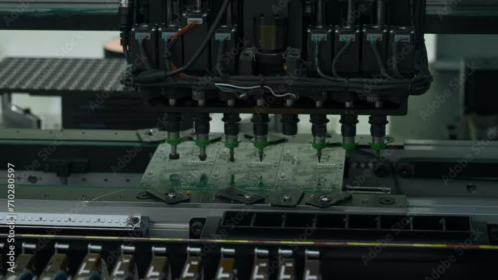 Poster automatic pick and lace machine is installing components on circuit board. creative. electronic devi