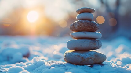 Winter outdoor background featuring a stack of pebbles or stones, offering room for copy space.
