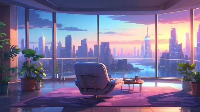 stream overlay, background animation loop. interior of  luxury hotel with chair, spectacular metropolis view. live wallpaper vtuber streamer gaming asset zoom screen, anime chill lo-fi hip hop video.