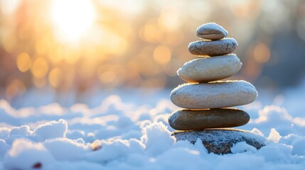 Obraz premium Winter outdoor background featuring a stack of pebbles or stones, offering room for copy space. 