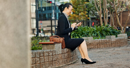 City, business and woman with smartphone, smile and typing with connection, online news and digital app. Japan, person and entrepreneur with cellphone, network and reading a blog with contact or text