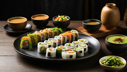 a veg food plate with an Asian fusion twist, featuring vegetable sushi rolls, tofu stir-fry, edamame, and a side of miso soup
