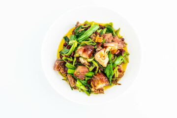 A plate of stir-fried bacon chicken