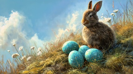 rabbit sitting hill eggs grass festive color full spring early brass beak