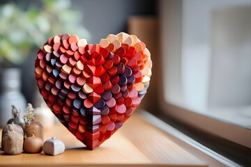 Lively heart-shaped illustrations made from small pieces of wood are displayed prominently. It is like a mind that is taken care of and created with warmth, allowing a person to live a strong life. - obrazy, fototapety, plakaty