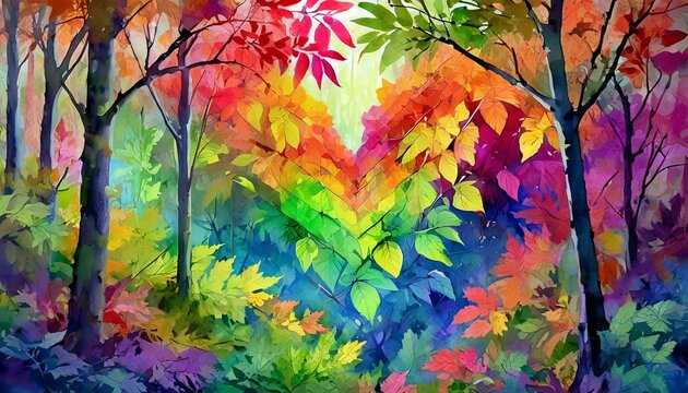 autumn leaves.a mesmerizing image of a tree surrounded by a dense forest, its leaves displaying a vibrant rainbow of colors. Integrate hyper-realistic geometric patterns into the leaves, creating a ha