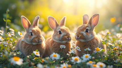 Fototapeta na wymiar Charming trio of rabbits among spring daisies at golden hour, ideal for greeting cards, nature blogs, and pet themes. AI Generative