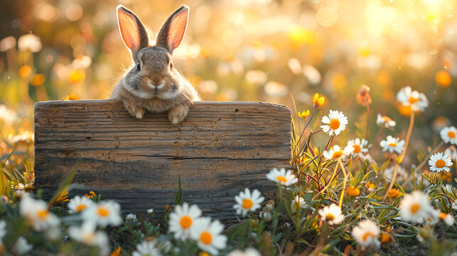 Charming bunny perched on rustic wooden sign amidst a blooming daisy meadow in golden sunlight AI Generative