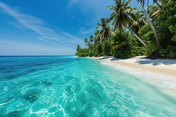 Paradise beach with turquoise water, white sand and palm trees