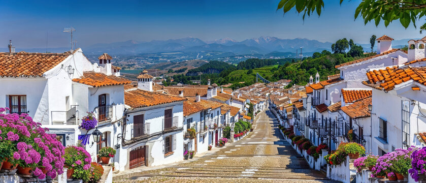 picturesque village with white washed facades and lots  of flowers