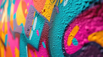 A photo of a graffiti-covered wall with vibrant and abstract patterns, depth of field control...