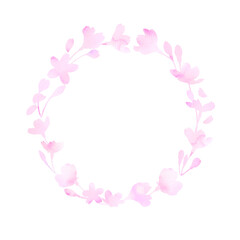 ピンク色の桜の花で形作ったフラワーリース。水彩イラストを使用。
