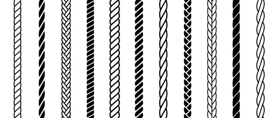 Repeating rope set. Seamless hemp cord line collection. Black chain, braid, plait stripe bundle. Vertical decorative plait pattern. Vector marine twine design elements for banner, poster, frame, decor