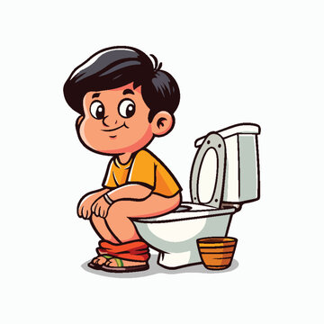 Boy kid sitting in toilet vector cartoon illustration