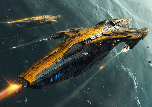 spaceship flying sky rockets coming out apophis silver yellow sci twins lifelike warships grey orange scimitar wasp