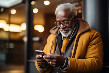 Senior elderly old African man with white beard using a smartphone