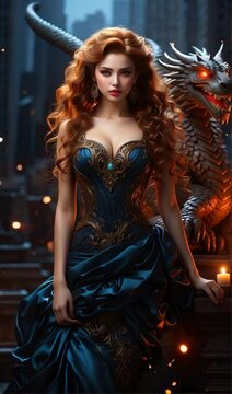 Quenn of Dragons: Ethereal Beauty in Cosmos Dress - Striking Figure, Black and Red Hair, Universe Eyes, Star-Spangled Attire, Luminous 3D Render