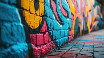 A photo of a graffiti-covered wall with vibrant and abstract patterns, depth of field control...