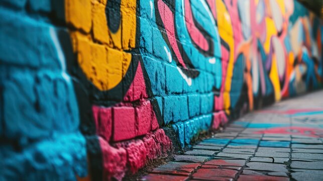 A photo of a graffiti-covered wall with vibrant and abstract patterns, depth of field control method, primitivism, 64K, high resolution --ar 16:9 --v 6 Job ID: 26504c1c-48cf-4c04-85a3-b44bcb45b2cb
