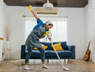 Happy Asian housewife enjoys singing her favorite song using a vacuum cleaner as a microphone for...