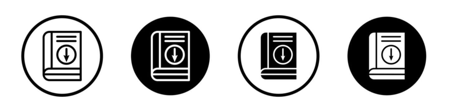 Download ebook icon set. Digital brochure and catalogue vector symbol in a black filled and outlined style. Ebook offline download sign.