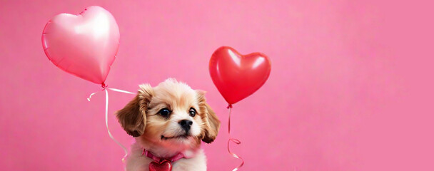 Adorable little puppy on pink background, small dog with heart balloons for Valentine's day banner