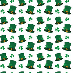 Seamless pattern of leprechaun hats and shamrocks in trendy green. St. Patricks backdrop concept