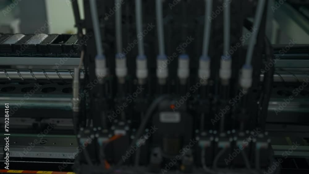 Poster production line with computer processors on electronics factory. creative. microchip production proc