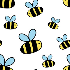 Seamless simple pattern with cute bee. Watercolor background with funny honeybee or bumblebee on white