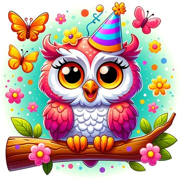 owl on a branch of tree with flower or butterfly