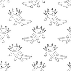 Seamless childish pattern. Vector line cartoon illustration of cute stylized axolotl salamander isolated on white background. Baby axolotl smiling.